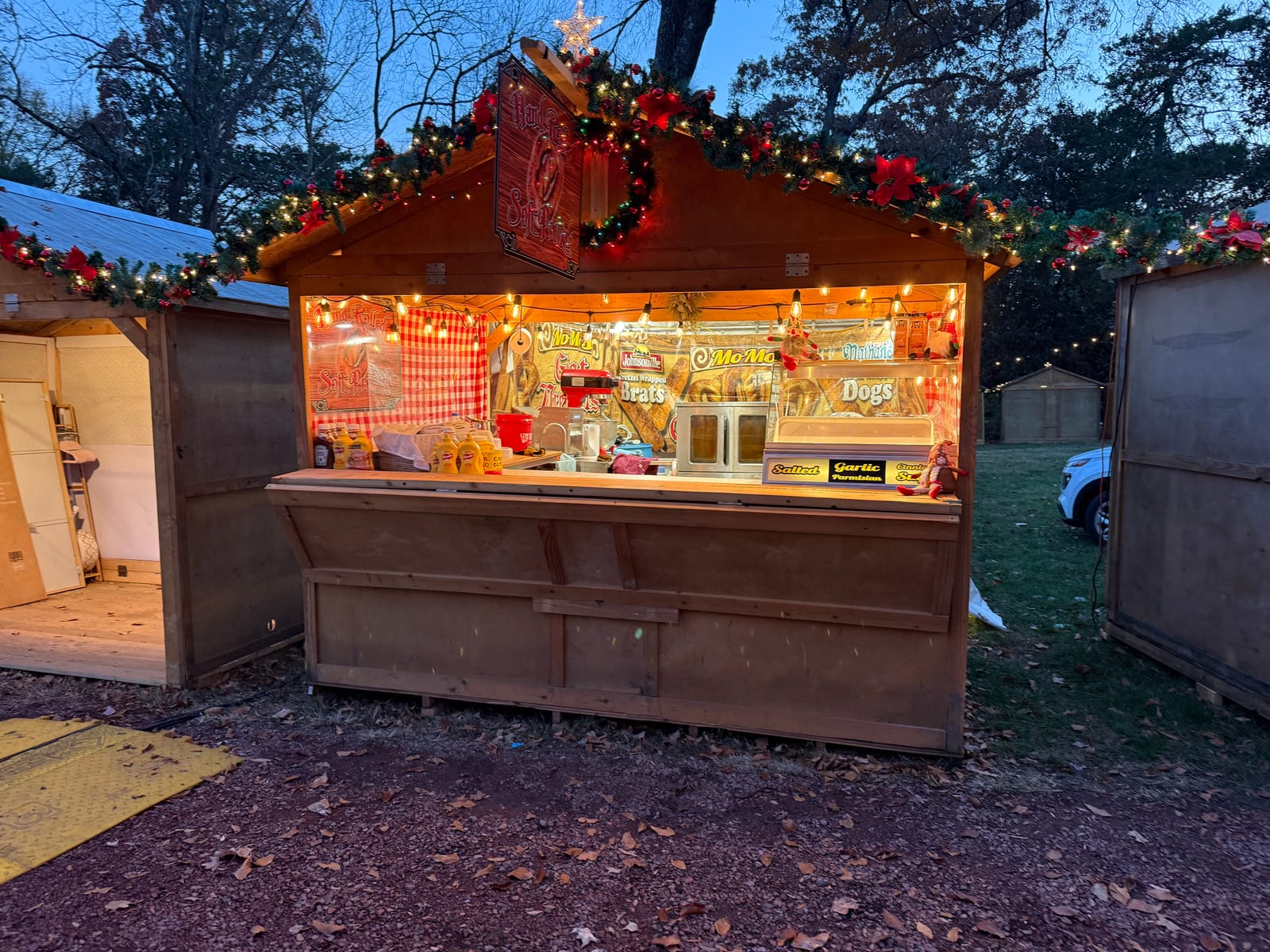 Happy customers enjoying pretzels at the market