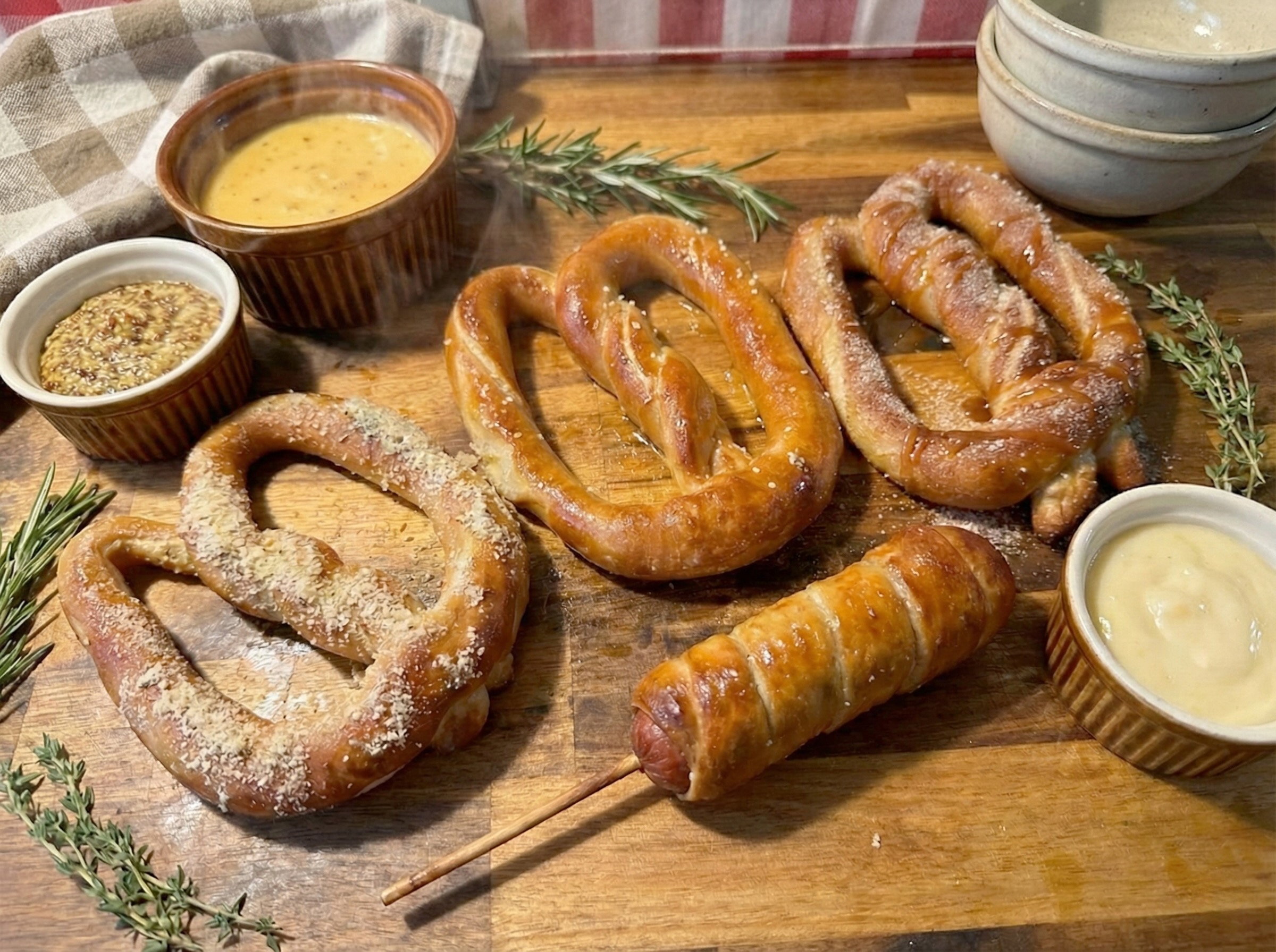 Fresh golden pretzels with coarse sea salt, freshly baked and ready to enjoy